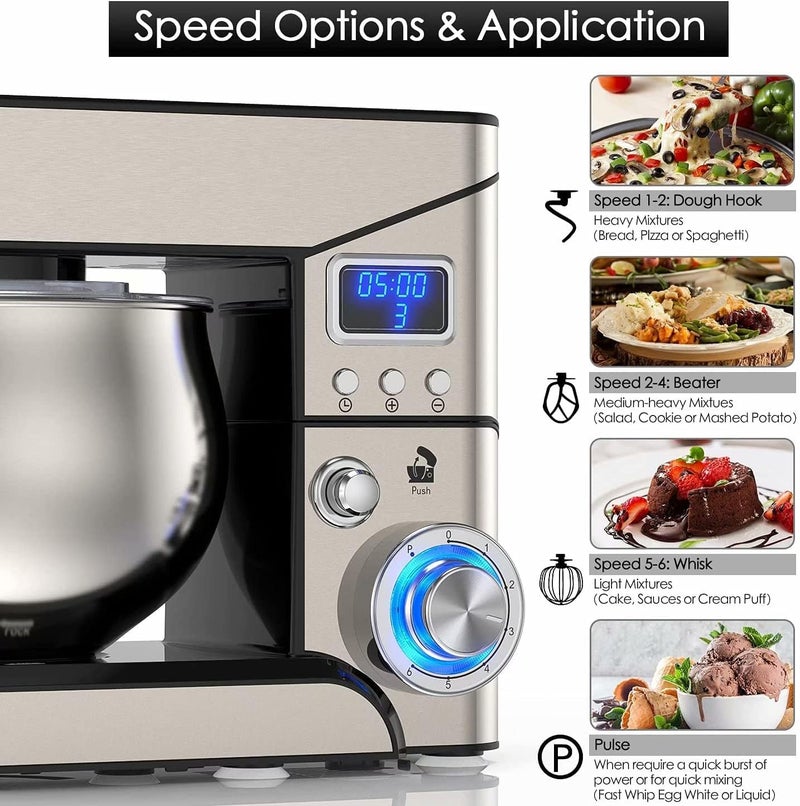 LILPARTNER Stand Mixer, Stainless Steel Mixer 5.3-QT LCD Display Food Mixer, 6+P Speed itchen Electric Mixer Tilt-Head Mixer with Stainless Steel Bowl, Dough Hook, Beater, Whisk - Image 4